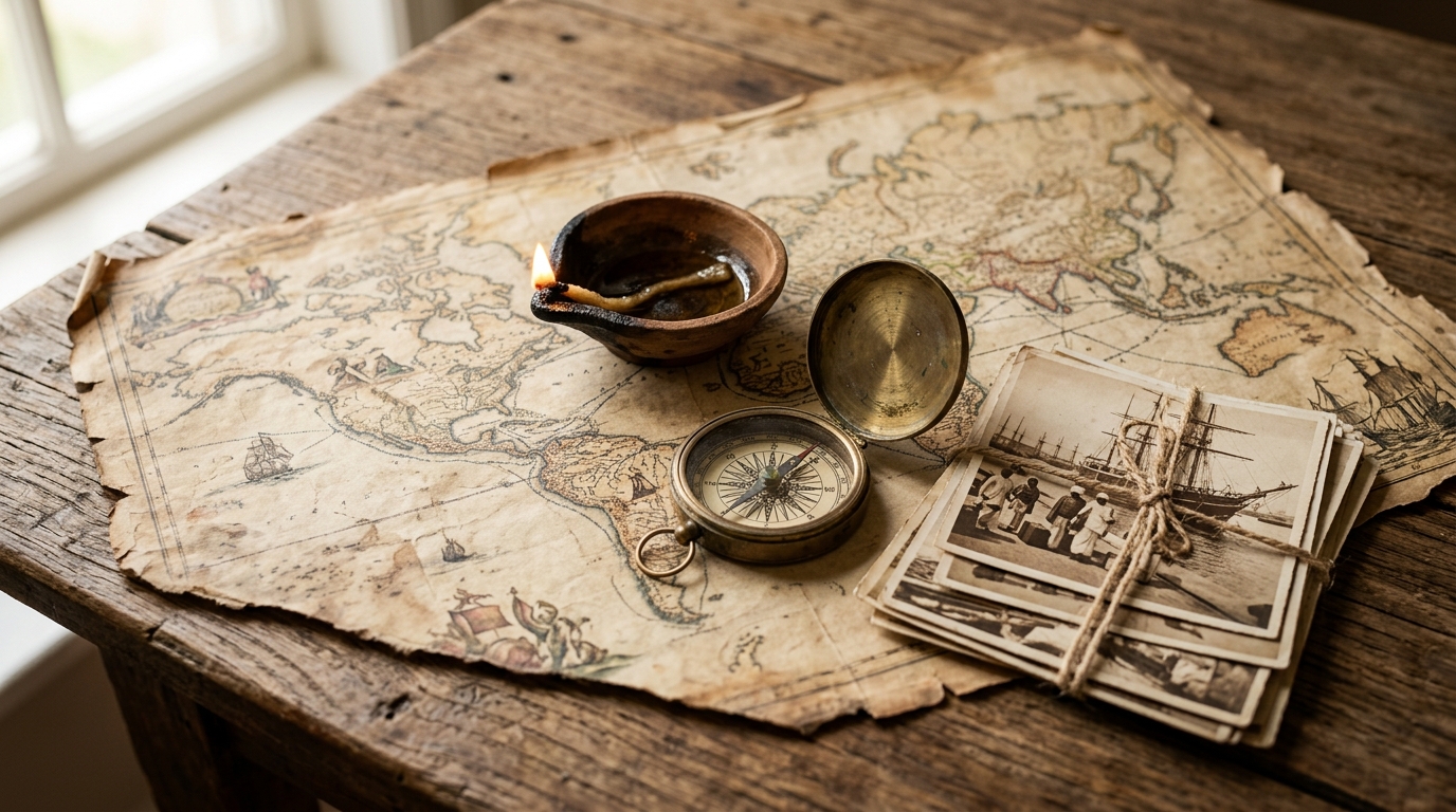 Antique world map with traditional Indian brass lamp and vintage photographs of early migrants.