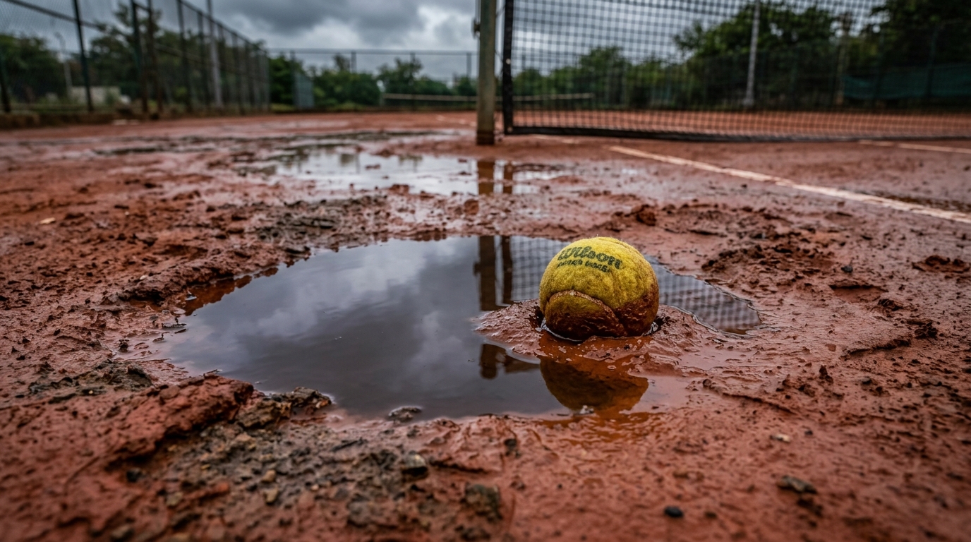 Rainwater puddle on a red clay tennis court highlighting infrastructure challenges in India.