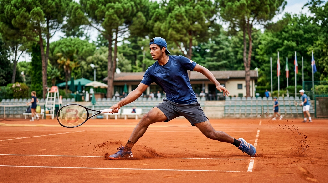 Indian tennis player sliding on a red clay court during training in Europe.