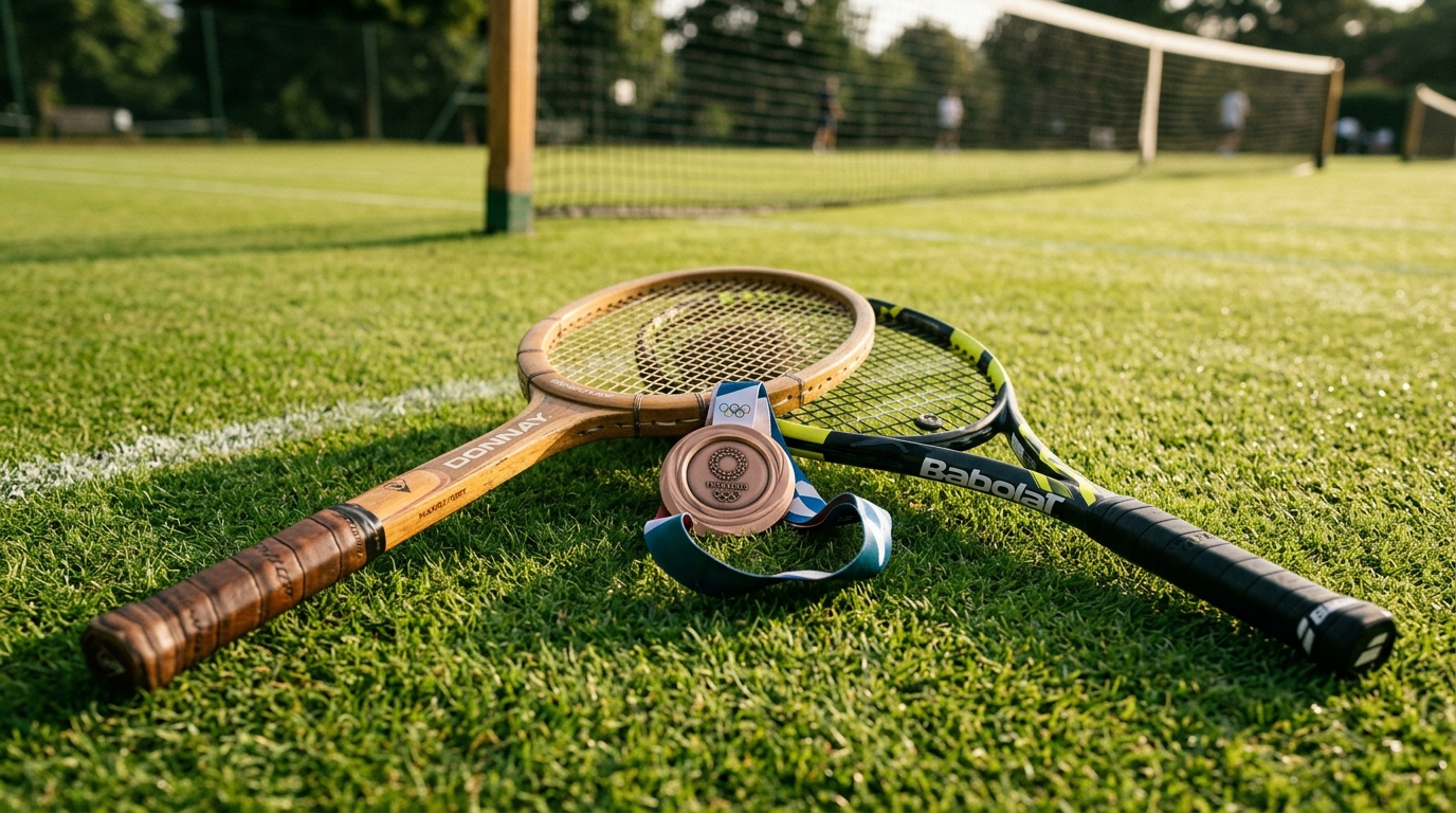 Vintage and modern tennis rackets with an Olympic medal on a grass court.