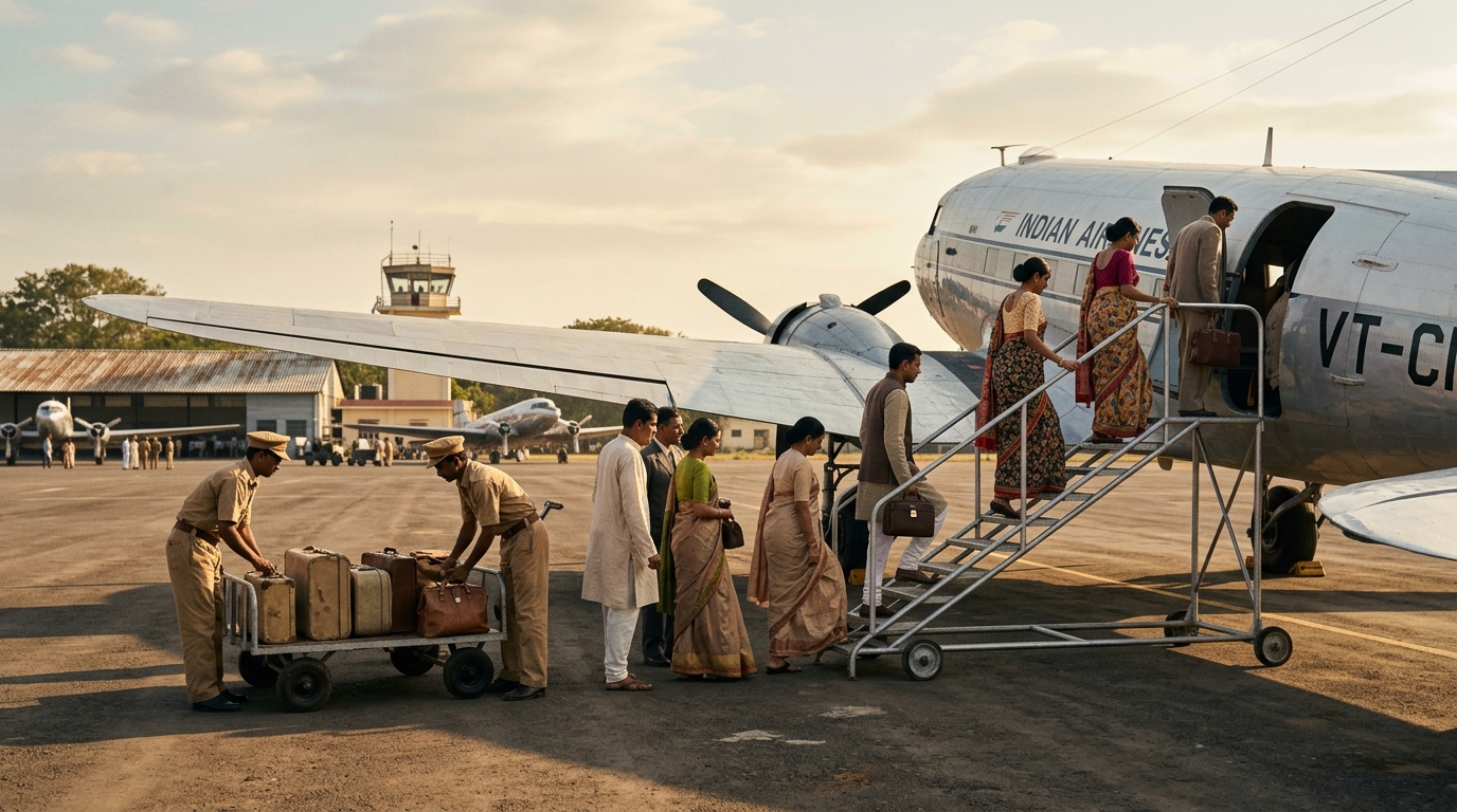 Passengers in 1950s attire boarding a vintage propeller passenger aircraft on a sunlit tarmac.
