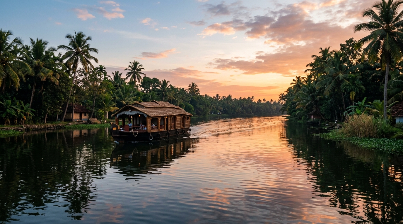 Traditional wooden houseboat navigating the serene, palm-fringed backwaters of Kerala during a vibrant sunrise.