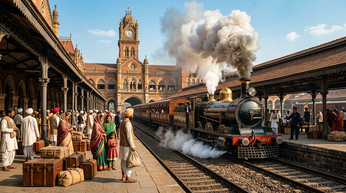 Vintage 19th-century steam locomotive arriving at an ornate historical Indian railway station platform.