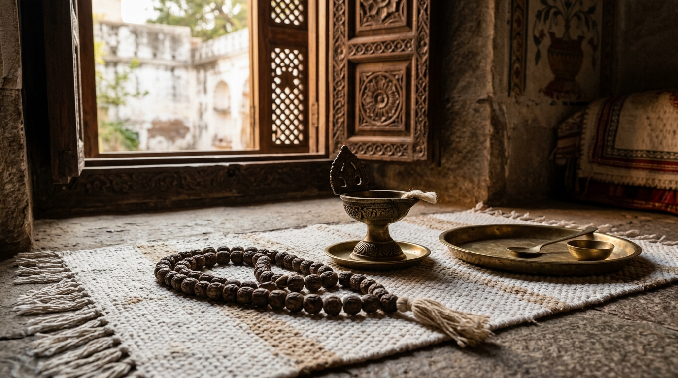 Traditional prayer beads and empty brass plate symbolizing early spiritual devotion and fasting.