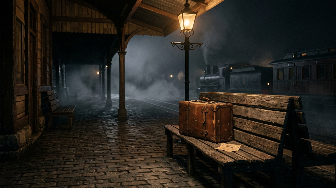 Vintage suitcase and train ticket on an 1890s railway platform bench at night.