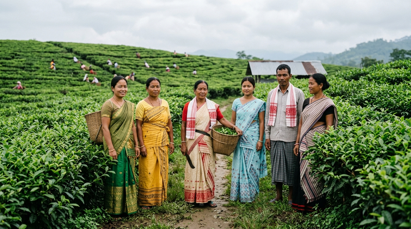 Rural landscape in Assam with locals in traditional attire representing regional voter demographics.