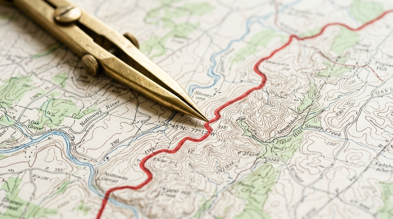 Brass cartographic divider on a topographic map symbolizing electoral delimitation and boundary redrawing.