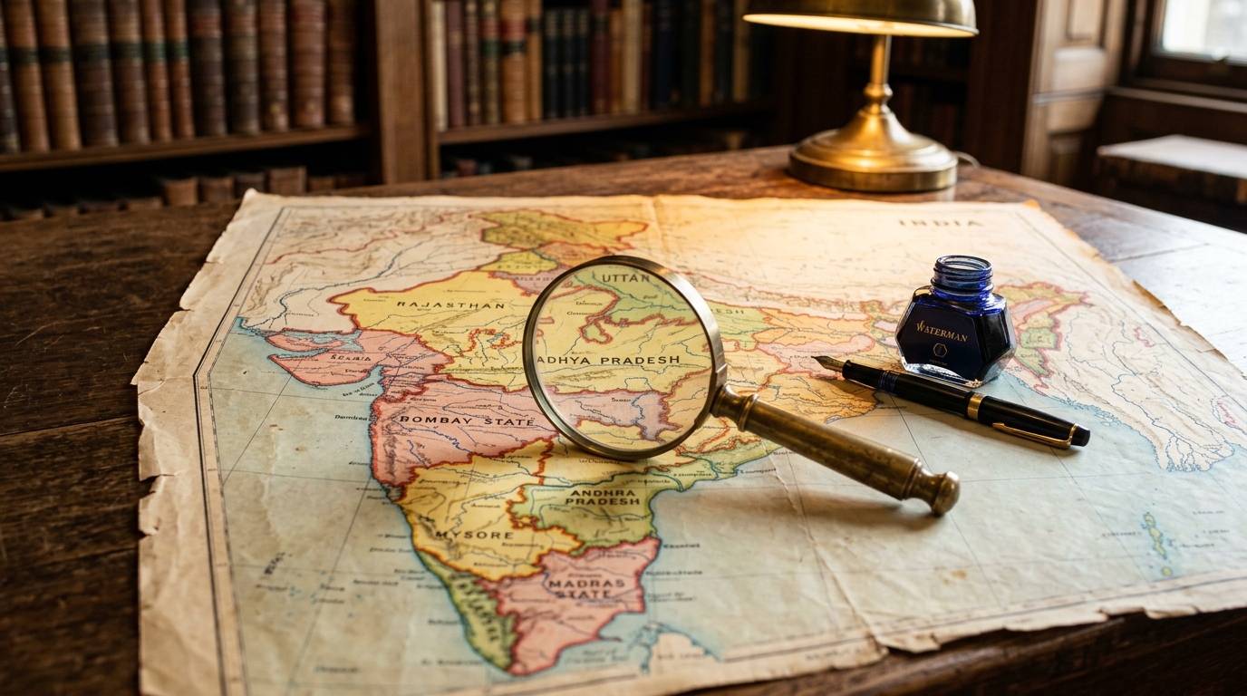 Vintage 1956 map of India with magnifying glass illustrating the States Reorganisation Act borders.
