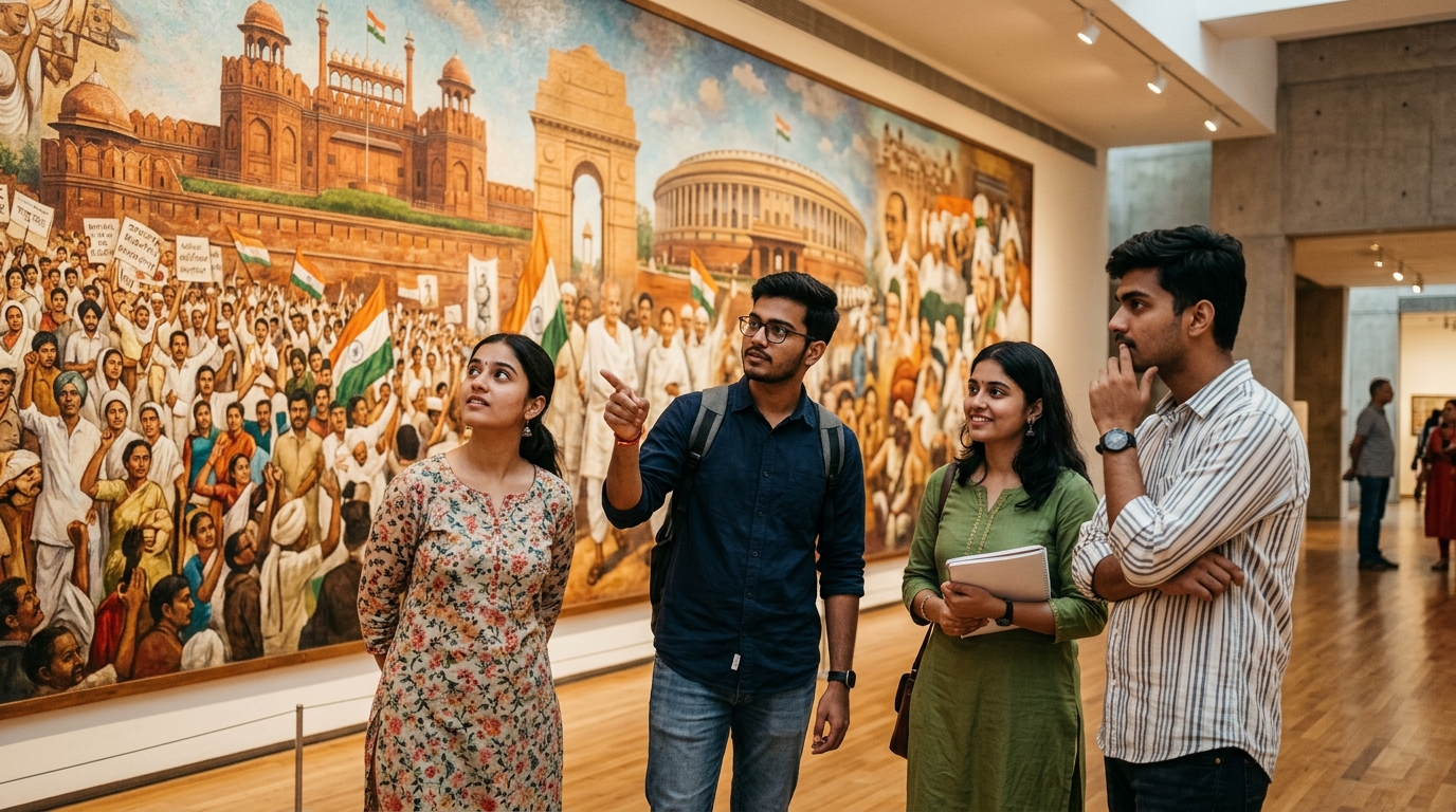 Indian university students looking at a historical mural in an educational museum setting