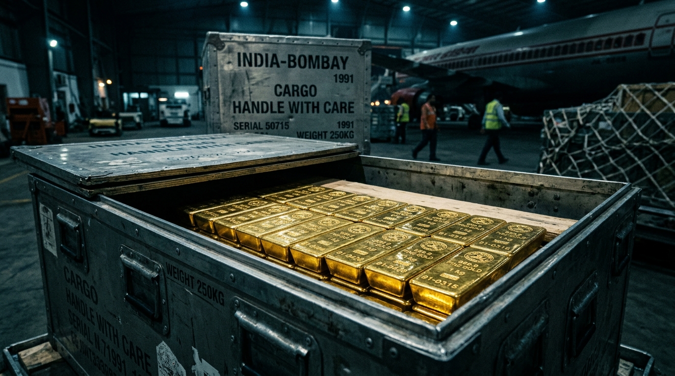 Gold bullion bars stacked inside an aviation cargo crate for emergency transport.