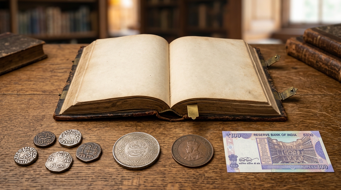 Historical Indian coins and modern currency resting on an antique ledger book.