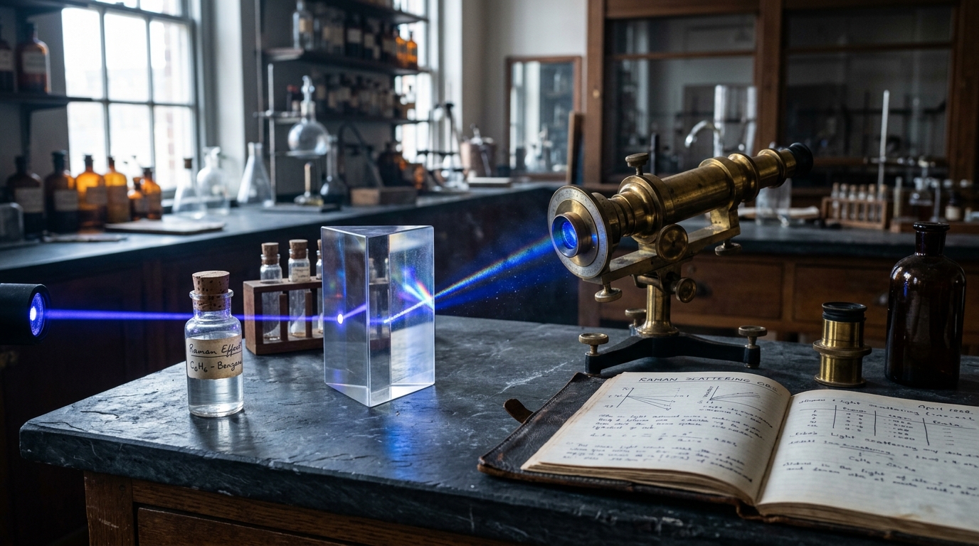 Vintage brass spectrometer and glass prism demonstrating physics experiments from February 1928.