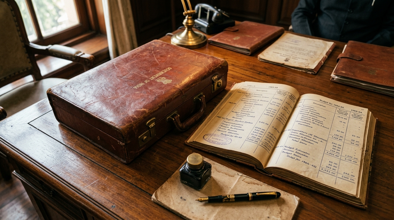 Vintage leather briefcase and financial ledger representing India's historical February budget presentations.