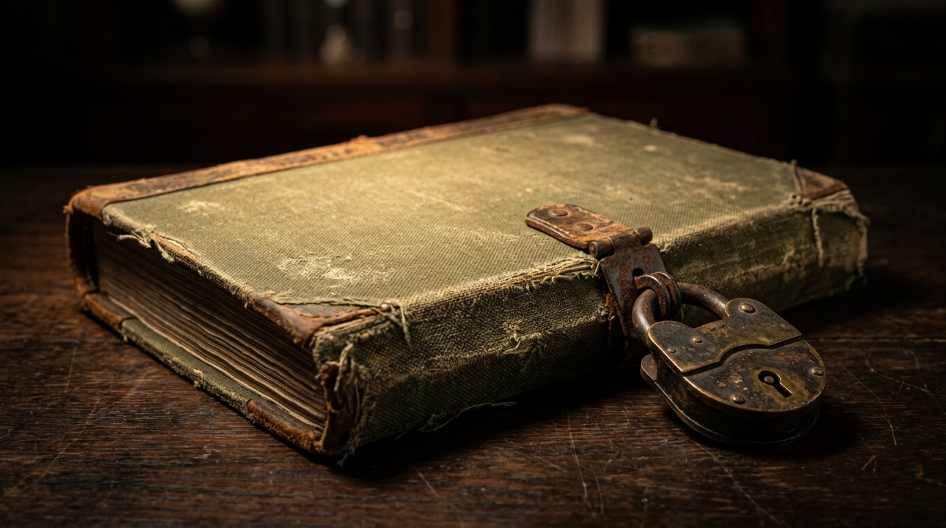 Thick military dossier bound in olive canvas and secured with an antique brass padlock.