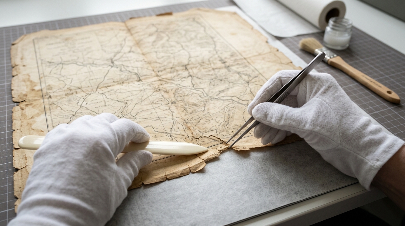 Archivist hands in white gloves repairing a brittle, yellowed historical document with tweezers.