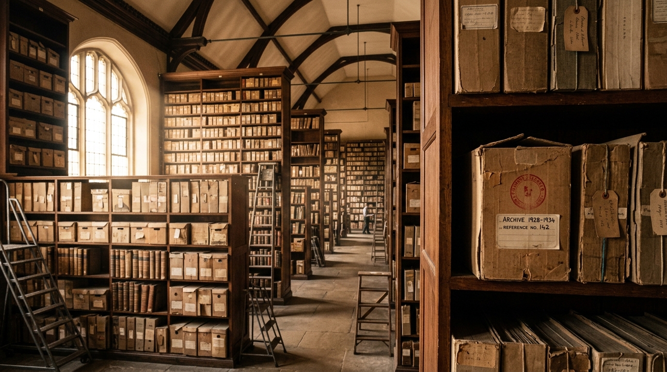 Vast historical archive room with wooden shelves filled with old military document boxes.