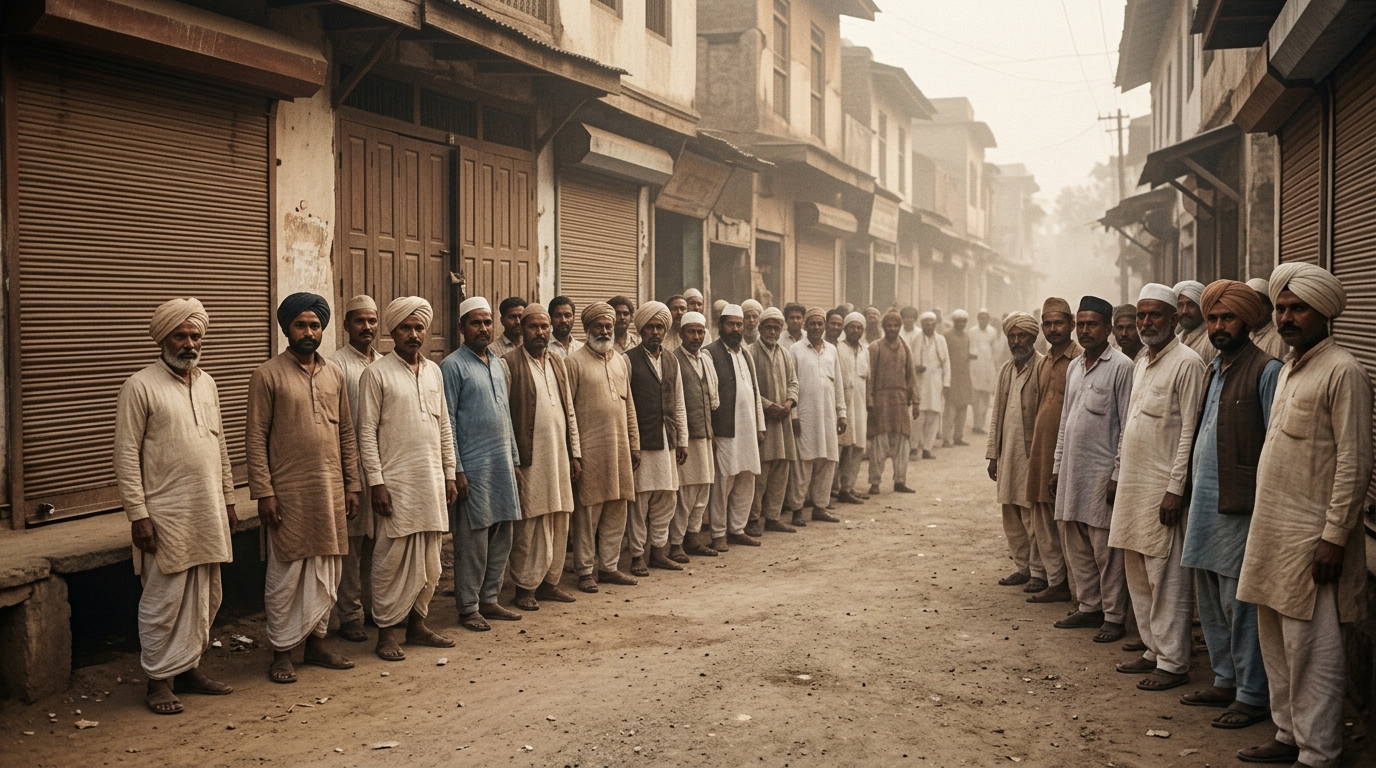 1919 Indian street scene showing closed shops during a peaceful nationwide strike.