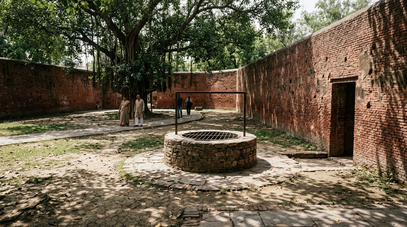 High brick walls and historic stone well at the Jallianwala Bagh memorial site.
