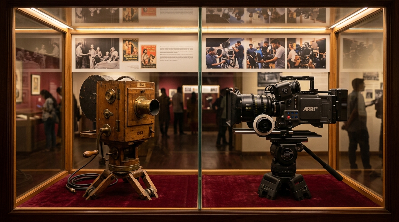 Vintage 1913 film camera next to a modern digital cinema camera in a museum.