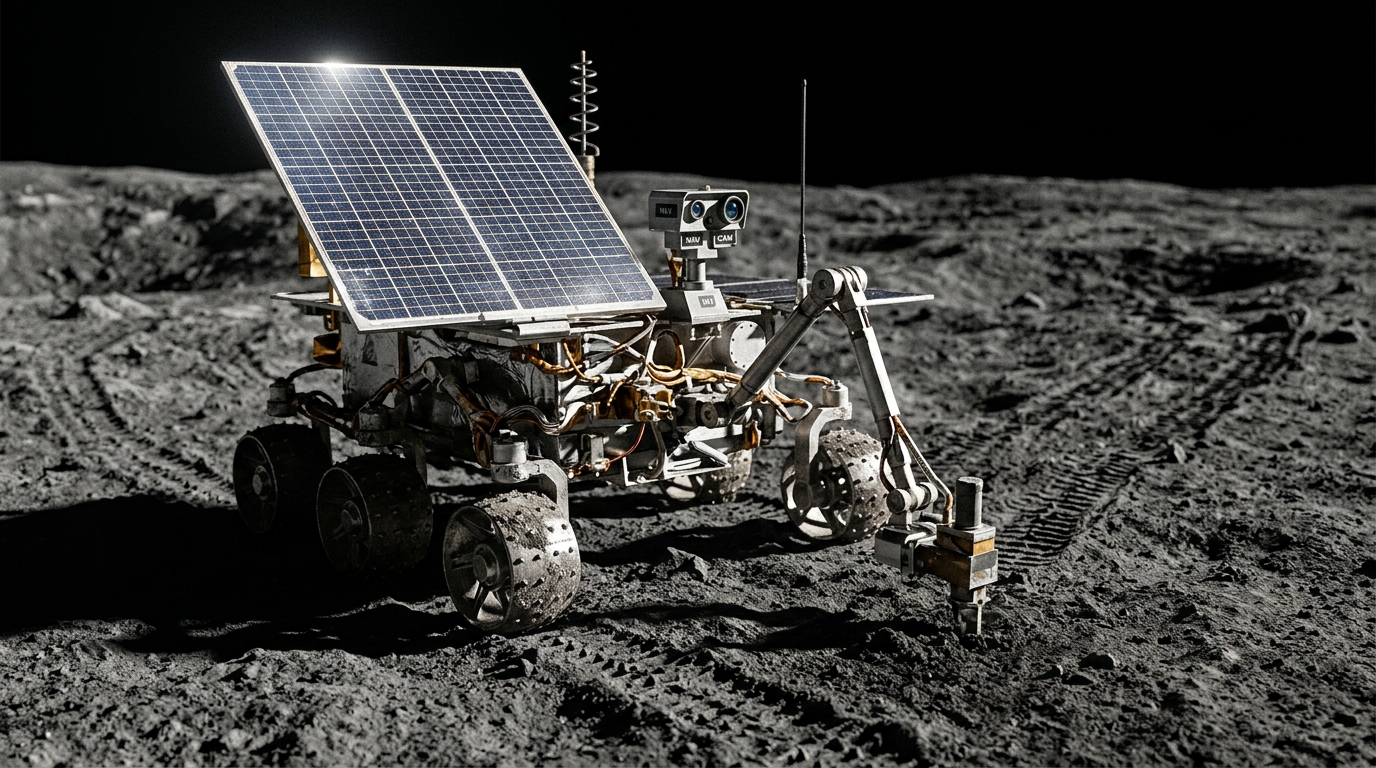 Six-wheeled lunar rover analyzing gray soil on the Moon's surface during an ISRO mission.