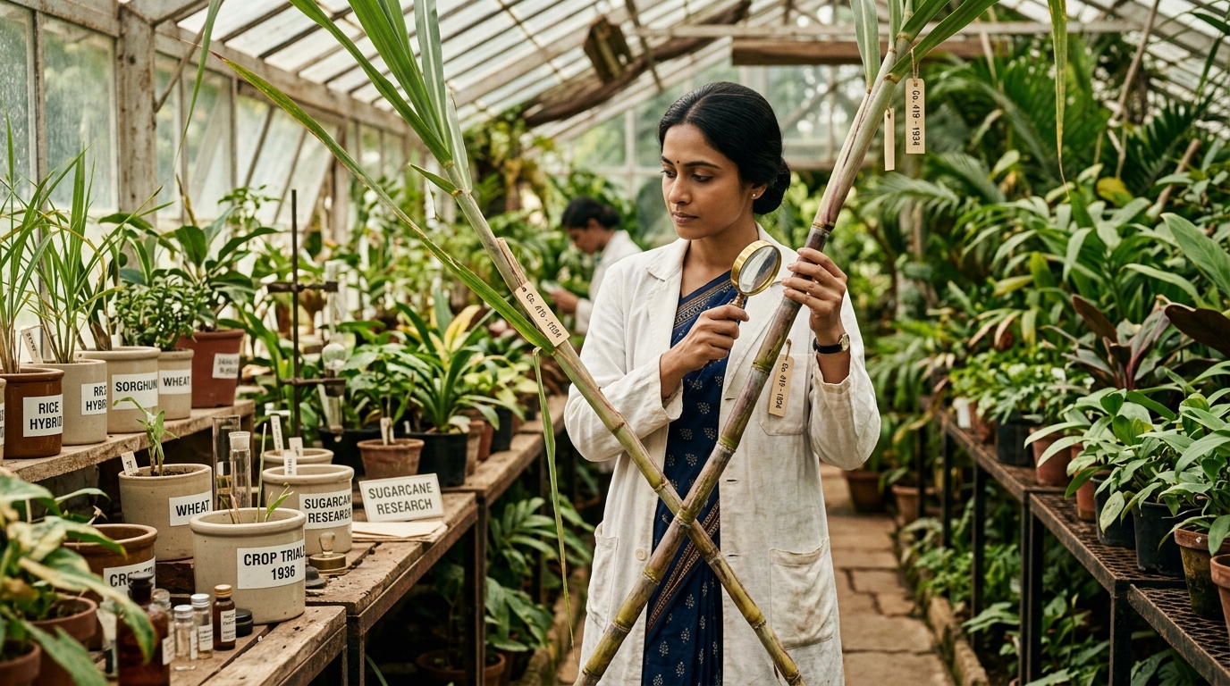 1930s Indian female botanist in a sari and lab coat examining sugarcane in a greenhouse.