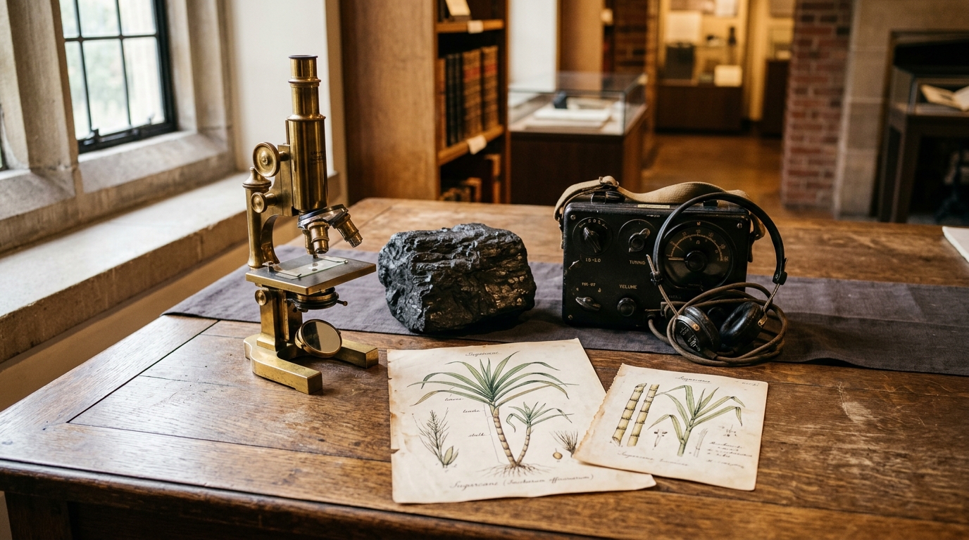 Historical artifacts including a vintage microscope, coal, and radio on an archival museum table.