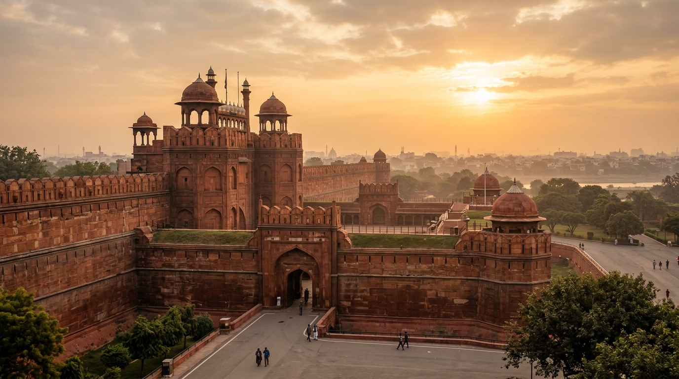 Historic Red Fort in Delhi illuminated by golden morning light commemorating Indian Independence Day.