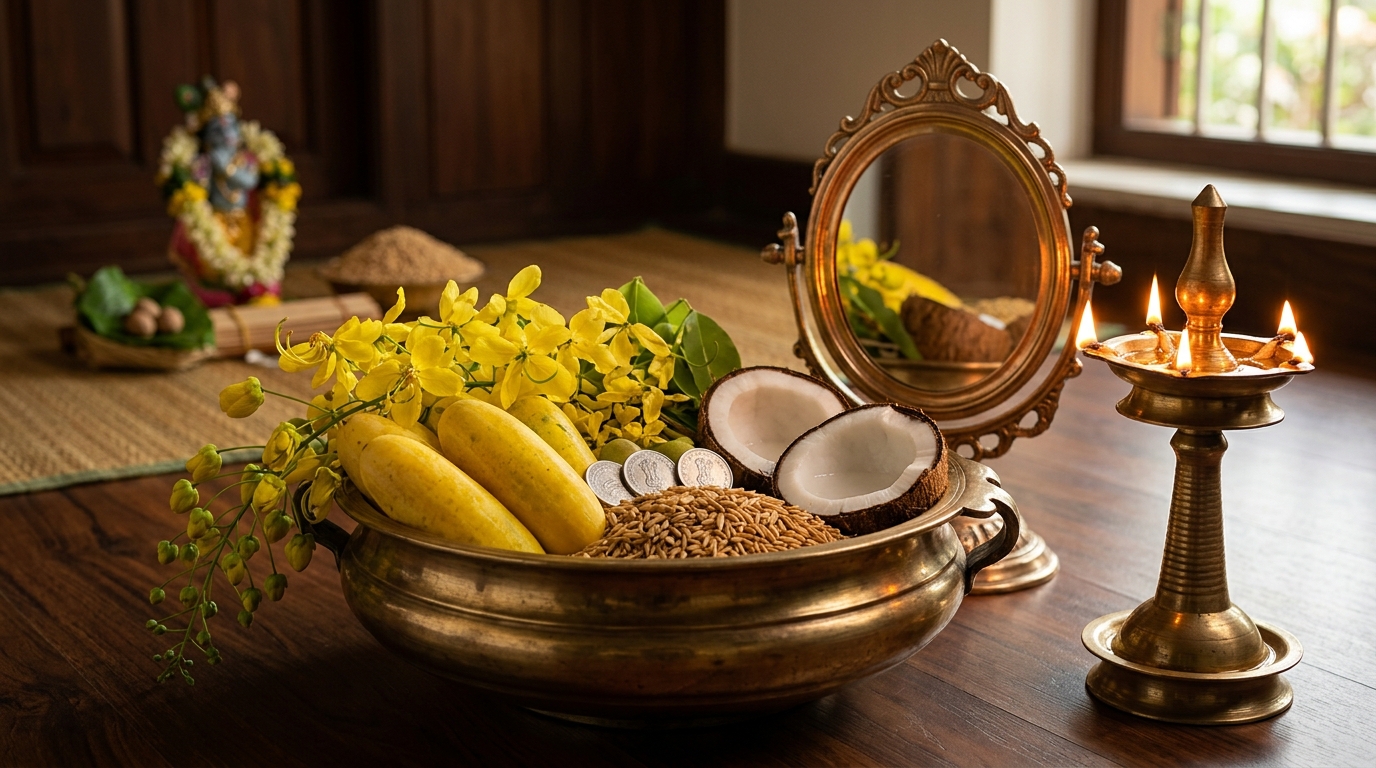 Traditional Kerala Vishukkani arrangement with golden cucumber, Kani Konna flowers, and brass oil lamp.