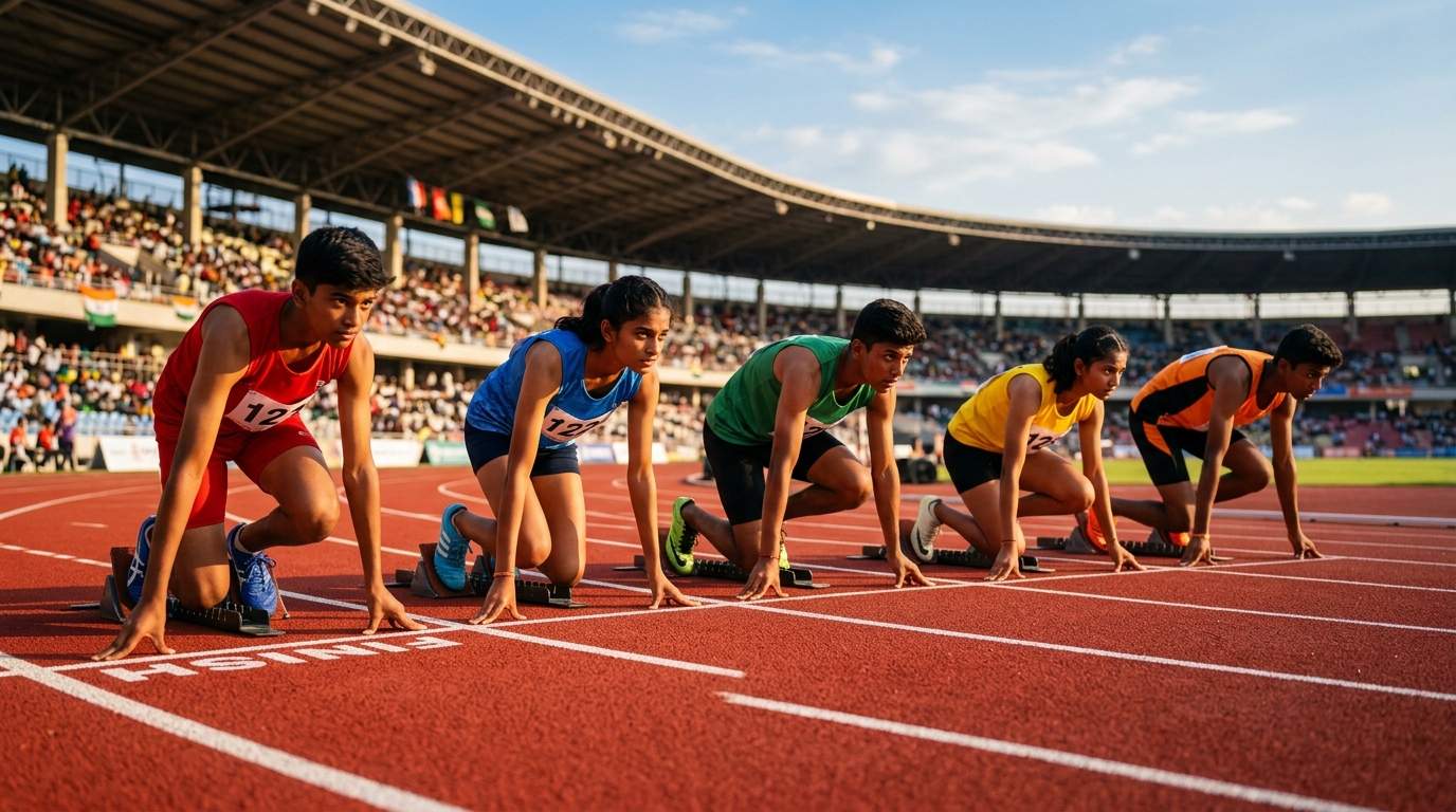 Young Indian athletes poised at starting blocks during a Khelo India youth track championship.