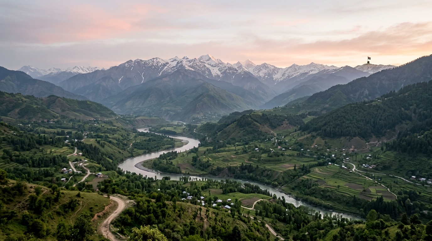 Mountainous frontier landscape in Kashmir representing historical border pacts and the Line of Control.