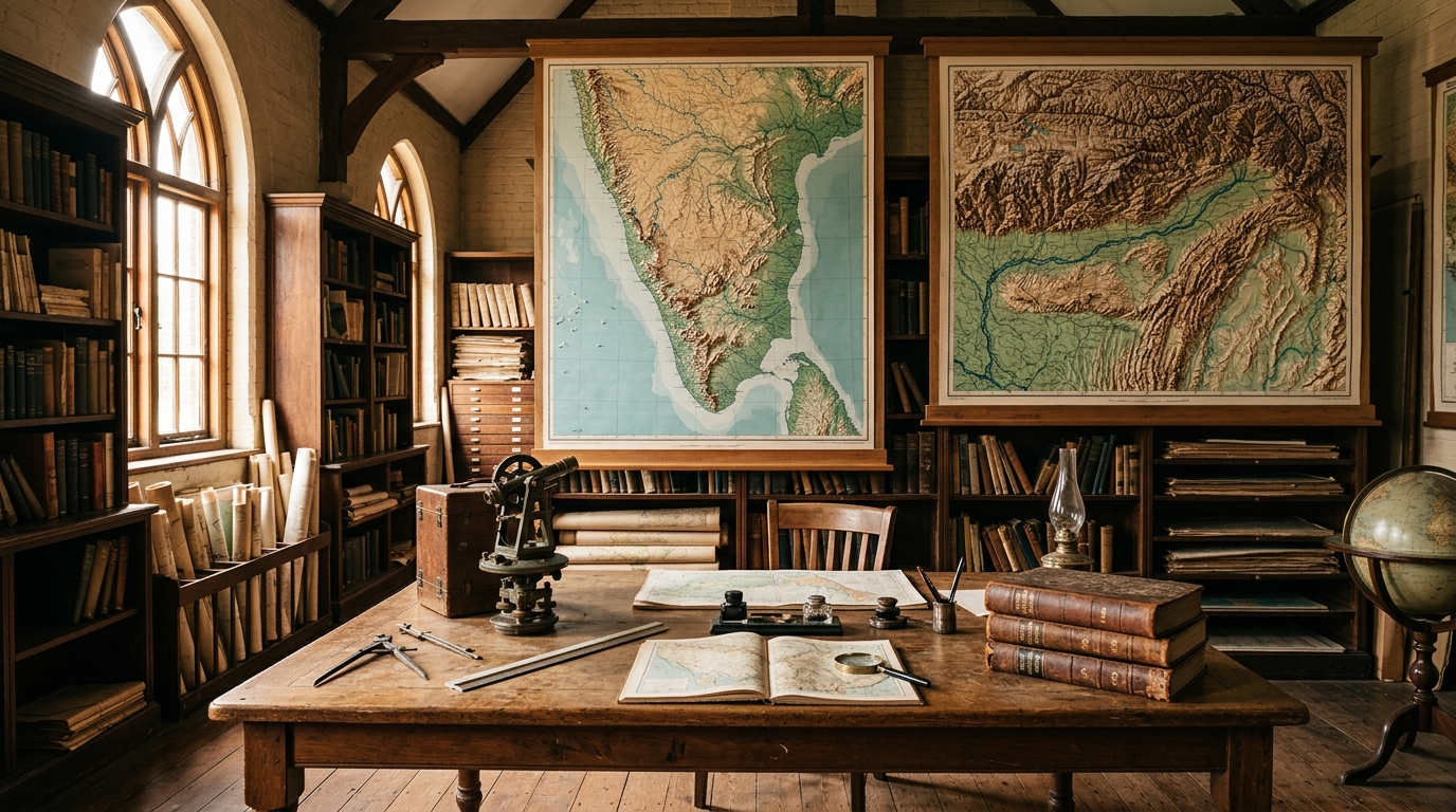 Historical maps and antique surveying instruments illustrating the statehood formation of Kerala and Assam.