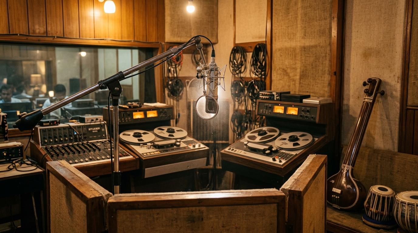 Vintage recording studio microphone and classical Indian instruments illustrating iconic playback music history.