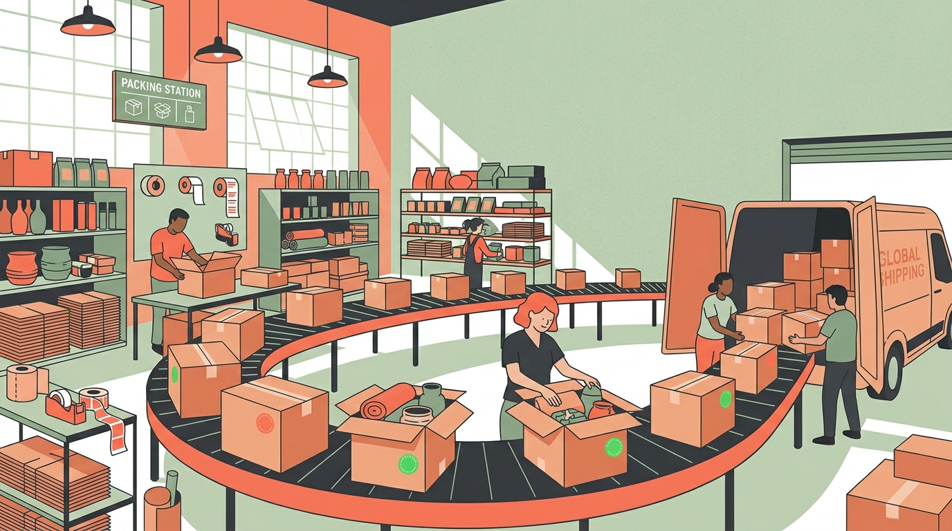 Small business workshop packing parcels along a conveyor for customer delivery and fulfillment.