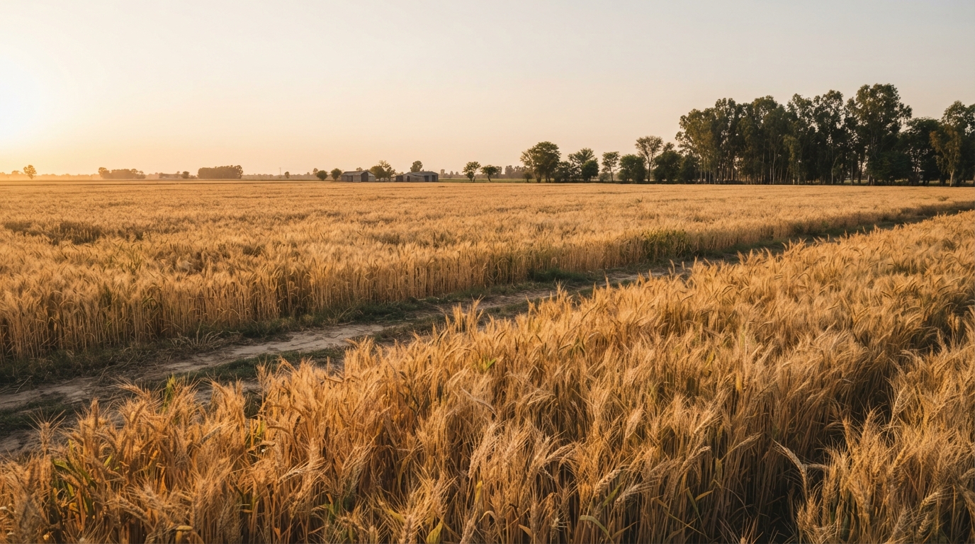 Lush golden high-yielding wheat fields stretching across the fertile agricultural landscape of Punjab, India.