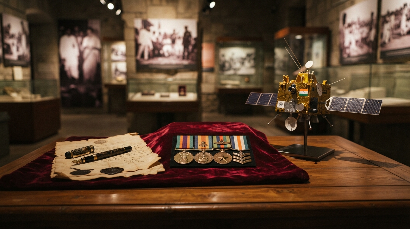 Curated museum display featuring historical artifacts and scale models highlighting modern Indian history milestones.