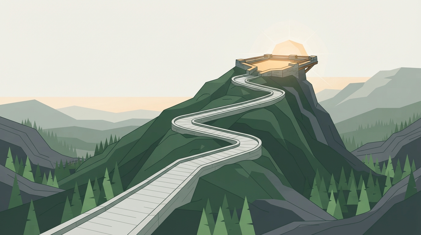 Scenic stone pathway navigating around a mountain symbolizing accessible long tail SEO keyword strategies.