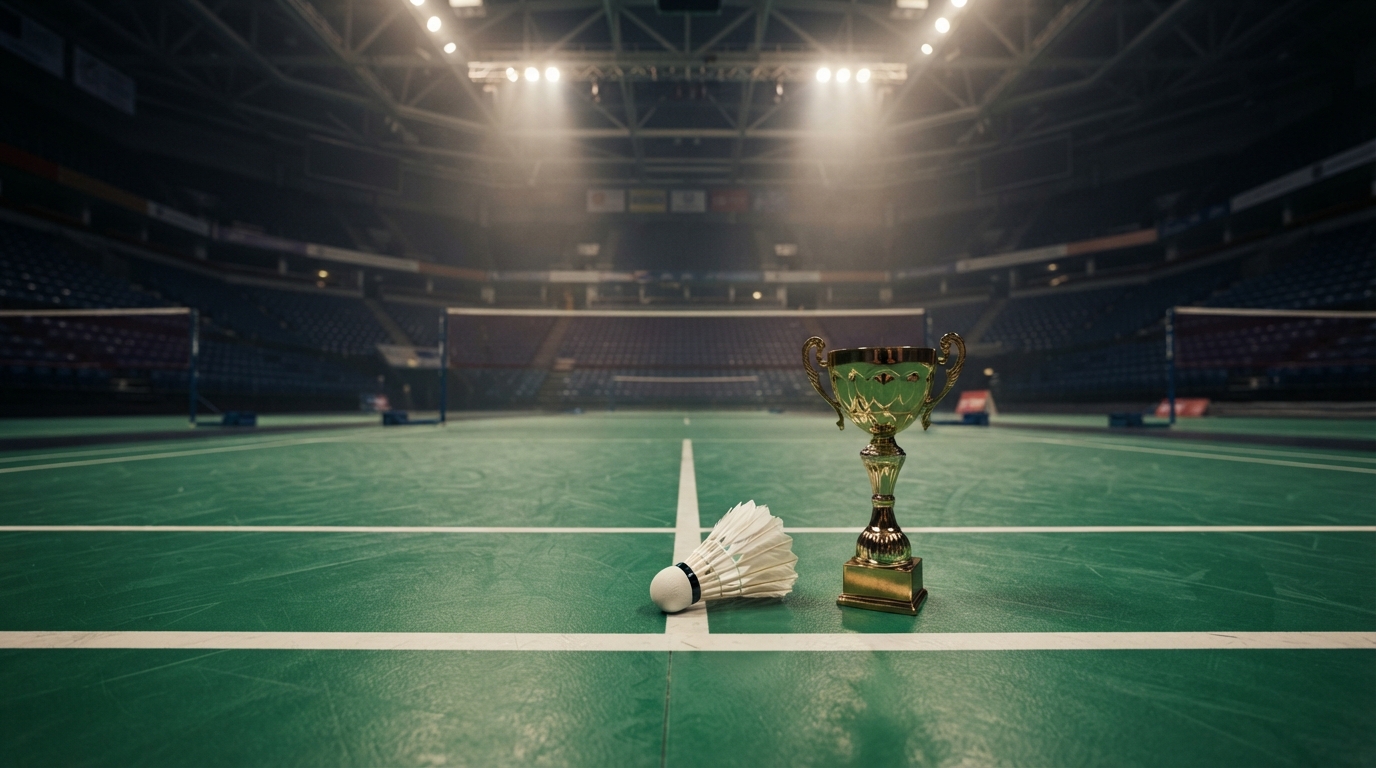 Golden championship trophy and feather shuttlecock on an international tournament badminton court.
