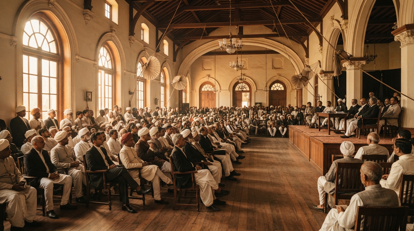 Founding delegates gathered inside Gokuldas Tejpal Sanskrit College for the 1885 Indian National Congress.